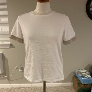 Zara White T-Shirt with Fringe sleeves
